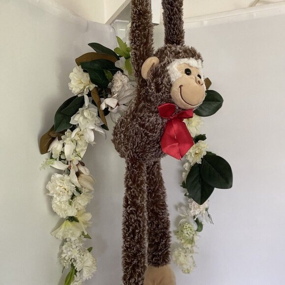 Vintage Pier One 1‎ Imports Brown Hanging Monkey Plush Poseable Animal 26" Bow - Picture 12 of 16